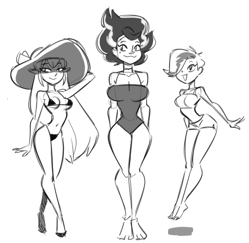 3girls big_breasts bikini black_bikini black_g-string elsa_frankenteen g-string ghost ghost_girl ghoul_school green_eyes hair_standing_up halloween long_hair looking_at_viewer monochrome no_color one-piece_swimsuit phantasma_phantom purple_hair purple_skin samson_00 scooby-doo_and_the_ghoul_school sibella_dracula small_breasts small_hair stiches string_bikini summer sun_hat swimsuit vampire vampire_girl