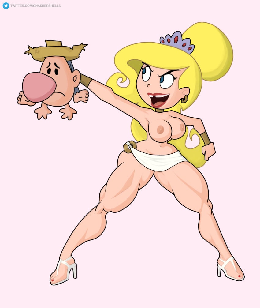 areolae big_breasts billy_(billy_and_mandy) blonde_hair blue_eyes bullying cartoon_network eris_(billy_and_mandy) evil_smile farmer feet gnashershells highres holding_up nail_polish nipples sad sandals the_grim_adventures_of_billy_and_mandy thick_thighs tooth_gap topless