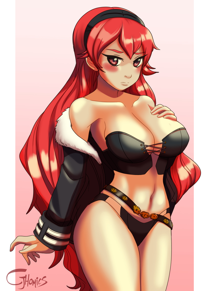 1girls big_breasts black_panties blush breasts busty child_bearing_hips cjhomics cleavage eris_greyrat female female_only hand_on_own_chest highres large_breasts legs long_hair looking_at_viewer midriff mushoku_tensei navel panties red_eyes red_hair solo thick_thighs thighs underwear voluptuous