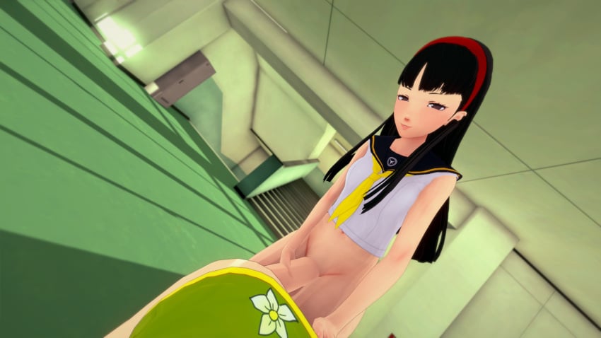 3d amagi_yukiko black_hair doggy_style eyes_half_open futa_on_female futanari huge_cock imminent_sex koikatsu lampman looking_at_viewer persona persona_4 satonaka_chie school_uniform smile smug taker_pov