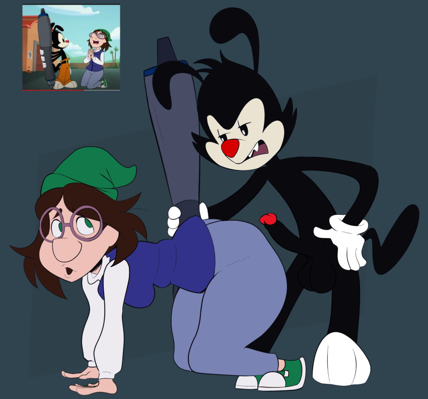 1boy 1girls 2021 animaniacs animaniacs_(2020) anthro bent_over cfnm clothed_female_nude_male imminent_sex nerdy_troll penis stylus thick_thighs vaz0v warner_brothers yakko_warner