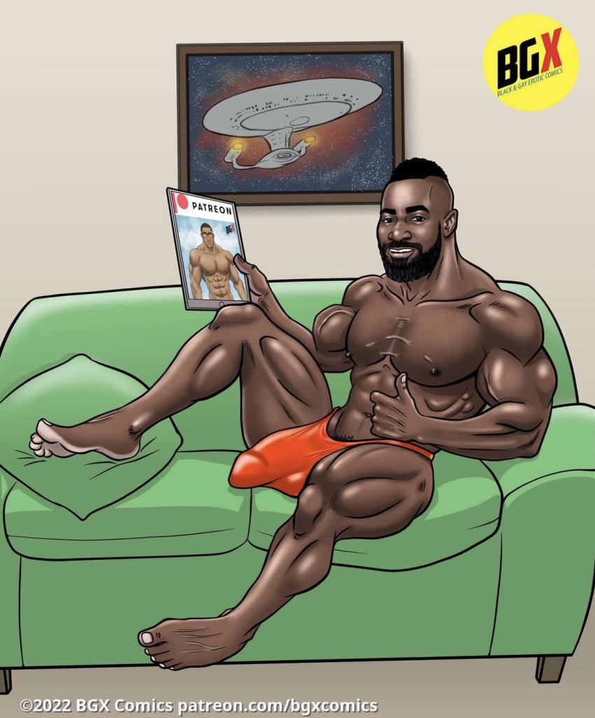 1boy african african_male bgx_comics big_bulge big_cock big_penis bodybuilder bulge dark-skinned_male dark_skin huge_bulge huge_cock huge_penis looking_at_viewer magazine male male_only melanin muscular_male nerds_muscle penis_outline real_person smiling_at_viewer thumbs_up username