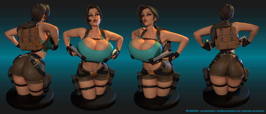 3d ass backpack bag bare_midriff belt big_ass big_breasts breasts brown_eyes brown_hair bust busty cleavage clothing crop_top dual_wielding eyewear female female_focus female_only fingerless_gloves firearm footwear gun handgun handwear hourglass_figure human lara_croft lara_croft_(l.a.u.) large_breasts legwear lipstick long_hair makeup model model_sheet navel pale_skin pistol ponytail short_sleeves solo tagme tank_top texelion thigh_holster tomb_raider tomb_raider_(l.a.u.) weapon wide_hips