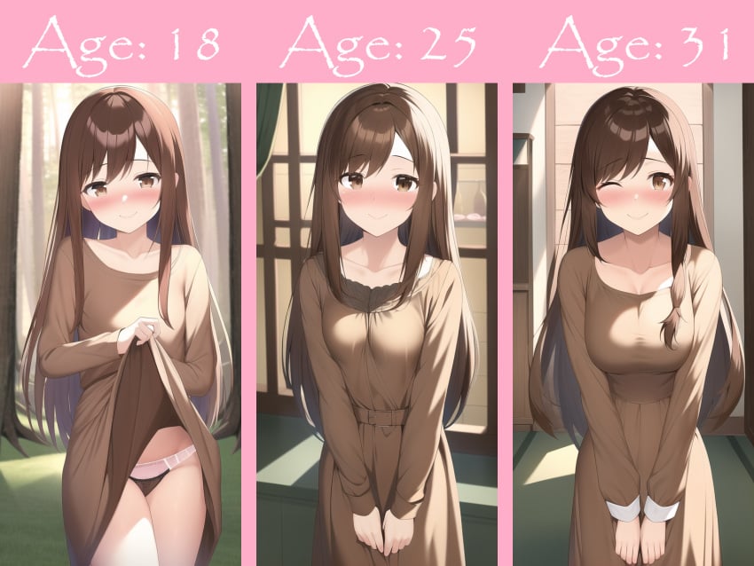 age_progression ai_generated belt blush bottle brown_dress brown_eyes brown_hair dress dress_lift forest large_breasts long_hair medium_breasts nai_diffusion one_eye_closed panties pink_panties presenting small_breasts smile stable_diffusion tavern tree underwear window