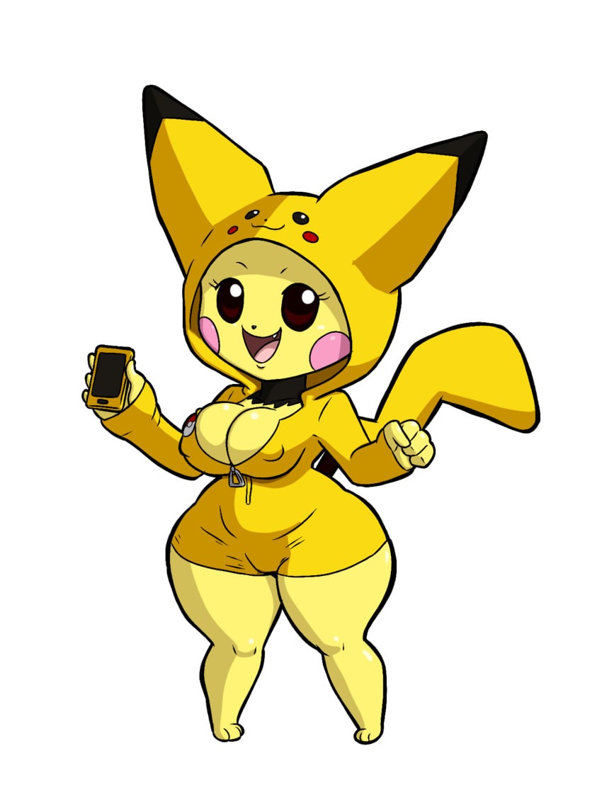 1girls absurd_res anthro anthro_only anthrofied breasts cleavage cute cute_fang female female_focus female_only furry furry_only hi_res hoodie large_breasts large_hips looking_at_viewer nintendo nipple_bulge pichu pikachu_(cosplay) pokémon_(species) pokemon pokemorph pokethot's simple_background smartphone smile smiling smiling_at_viewer solo solo_female tagme tansau thick_thighs white_background wide_hips yellow_body yellow_fur