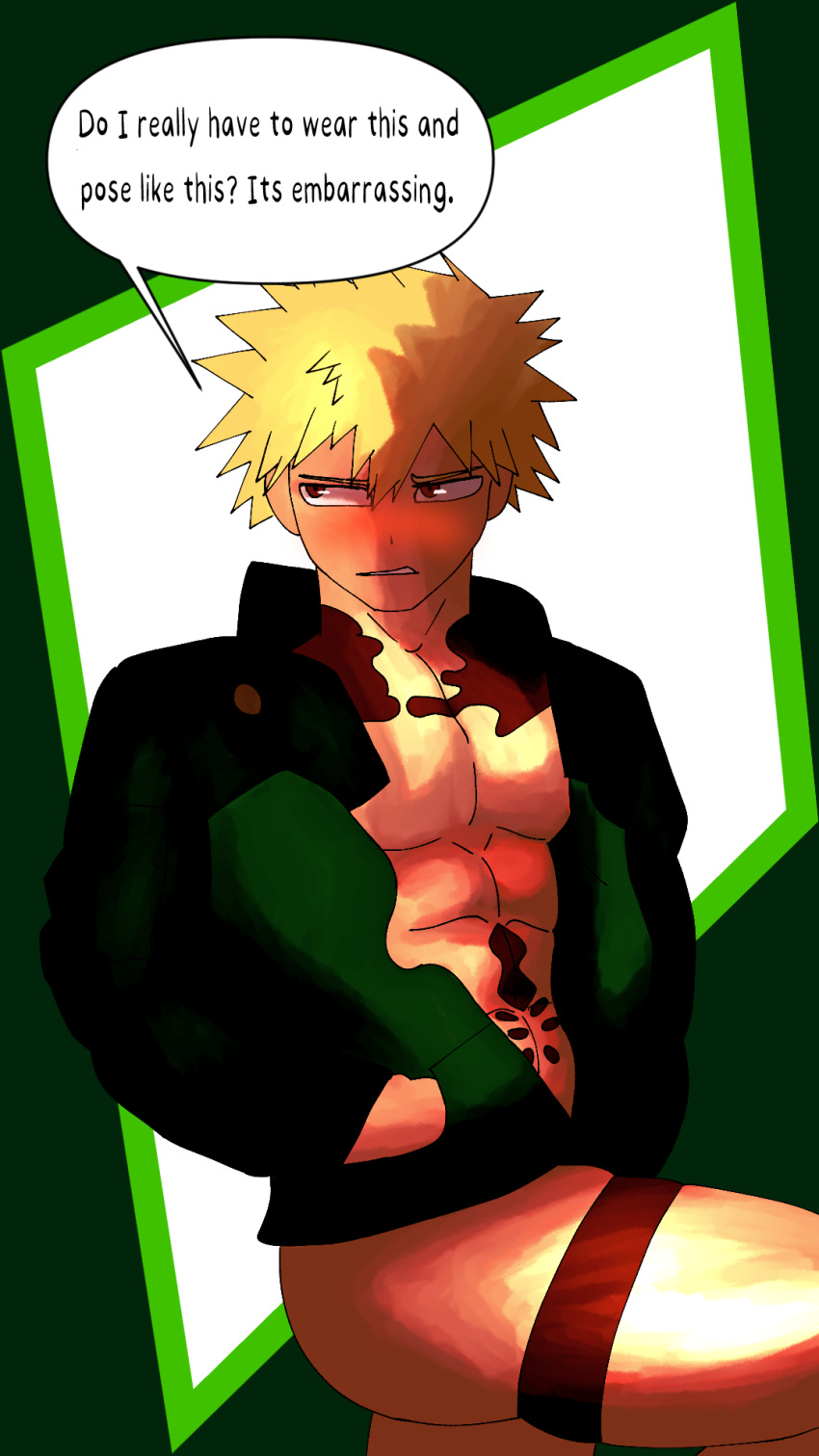 abs blonde_hair blush body_tape coat dialogue katsuki_bakugou looking_at_viewer male_focus male_only muscles muscular muscular_male my_hero_academia pecs pose red_eyes shirtless shirtless_(male) shirtless_male solo_male speech_bubble tape xvdjavx