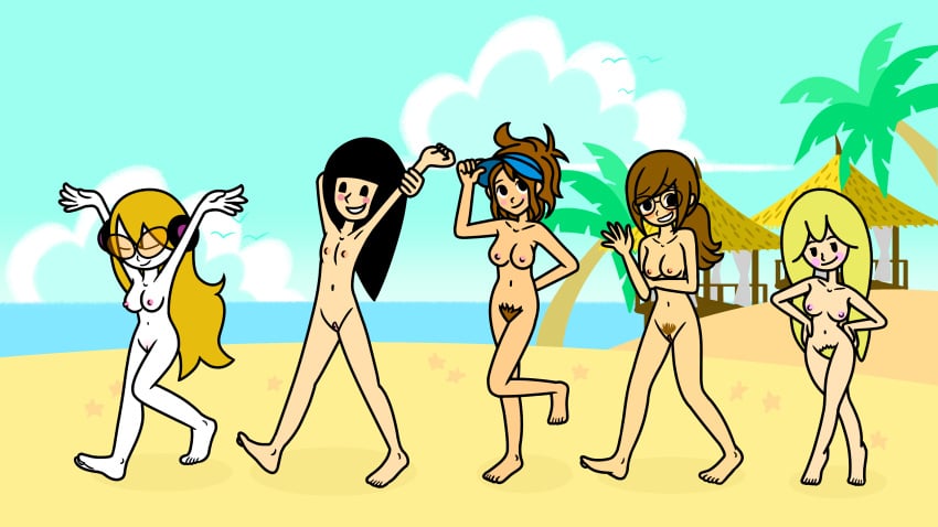 5girls accurate_art_style ann_glerr anserhours areolae assistant_(rhythm_heaven) barefoot beach black_hair blonde_hair breasts brown_hair casual_nudity completely_nude completely_nude_female eglantine eguran_(rhythm_tengoku) female female_only female_pubic_hair flat_chest girl_(rhythm_heaven_fever) gisrhgver glasses headphones headwear long_hair mc_adore mob_face multiple_girls naked navel nintendo nipples nonsexual_nudity nude nude_female nudist nudist_beach outdoor_nudity outdoors ponytail pubic_hair rhythm_heaven rhythm_heaven_fever rhythm_tengoku sakana_tsuriko short_hair sora_(rhythm_tengoku) sunglasses tinted_eyewear unshaved_pussy visor_cap