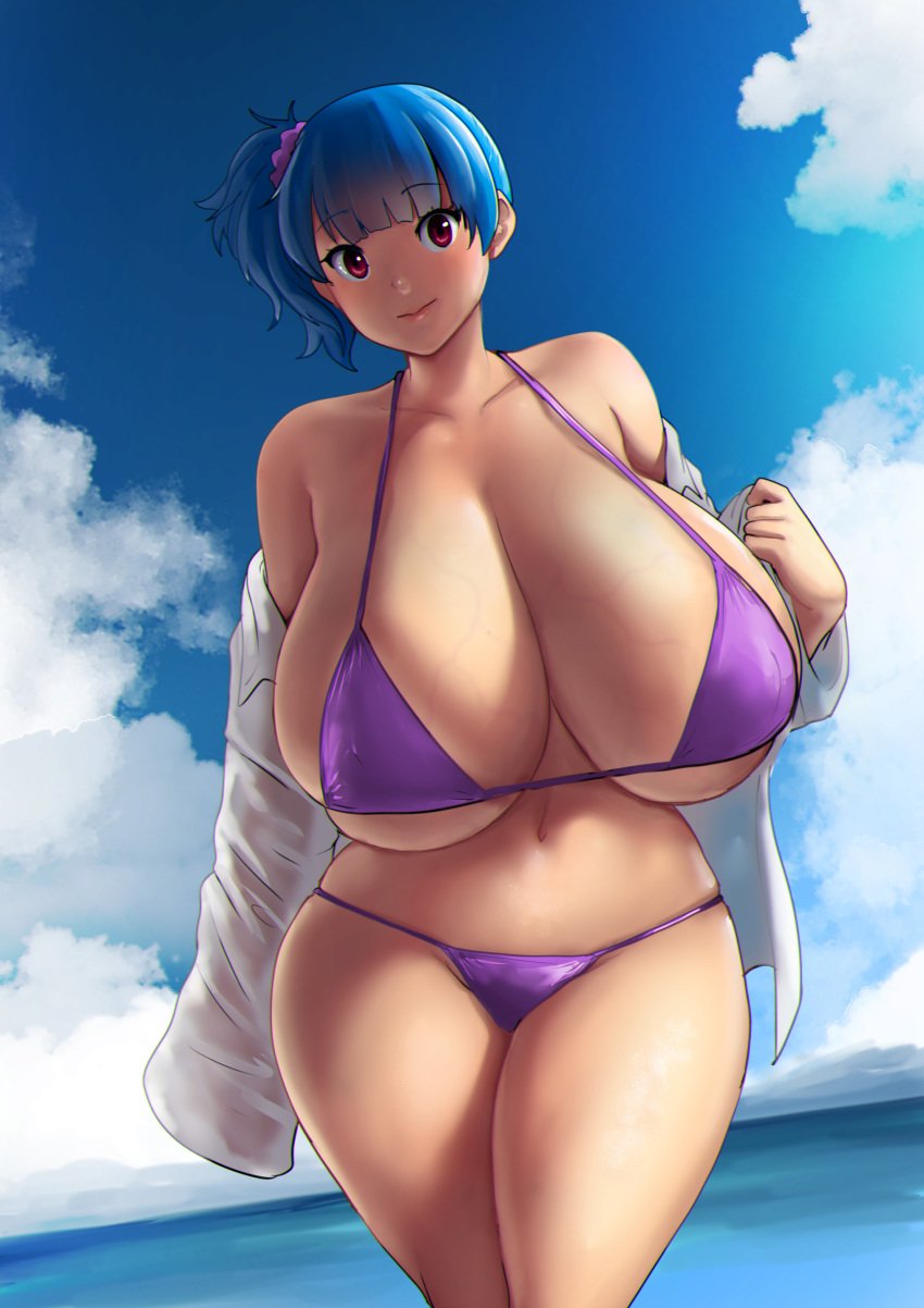 1girls absurdres bakunyuu bangs bare_shoulders belly_button bikini bikini_bottom bikini_top blue_hair blue_hair_female blue_ponytail blue_sky blue_water blunt_bangs breasts bursting_breasts cleavage closed_mouth cloud cloudy_sky collarbone collared_shirt curvaceous day daytime depth_of_field dutch_angle enormous_breasts erkaz erkaz_(artist) erkazooya errorkazoo eye_contact feet_out_of_frame female_focus gigantic_breasts hair_ornament hi_res high_resolution highres horizon hourglass_figure huge_breasts huge_cleavage looking_at_viewer massive_breasts navel ocean ocean_background off_shoulder original original_character out_of_frame outdoors outside ponytail_female purple_bikini purple_bikini_bottom purple_bikini_top purple_hair_ornament purple_ponytail purple_scrunchie purple_swimsuit red_eyes red_eyes_female removing_shirt rina_atherina rina_atherina_(errorkazoo) scrunchie shirt side_ponytail sky sleeves_past_wrists smile smiling_at_viewer solo solo_female standing standing_female swimsuit swimsuit_bottom swimsuit_top thick_thighs top_heavy top_heavy_breasts underboob veins veins_on_breasts veiny_breasts voluptuous voluptuous_female water white_collar white_shirt