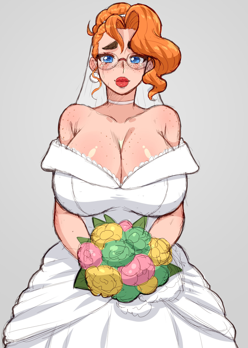 1girls alexa_stanworth blush breasts bride cleavage female female_only freckles glasses huge_breasts looking_at_viewer simmsy solo tears tears_of_joy wedding_dress