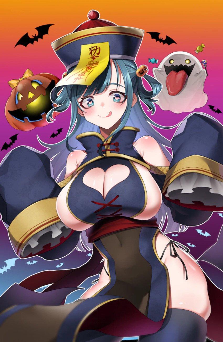 1girls amano_nene_(vtuber) bats belly_button belly_button_visible_through_clothing blush boob_window breasts candy clothed clothing costume cyan_eyes cyan_hair detached_sleeves female female_only food ghosts halloween halloween_costume hat heart-shaped_pupils huge_breasts jiangshi_costume licking_lips light-skinned_female light_skin lollipop long_sleeves looking_at_viewer production_kawaii pumpkin_head sharp_teeth sideboob solo suika_mimikku symbol-shaped_pupils virtual_youtuber