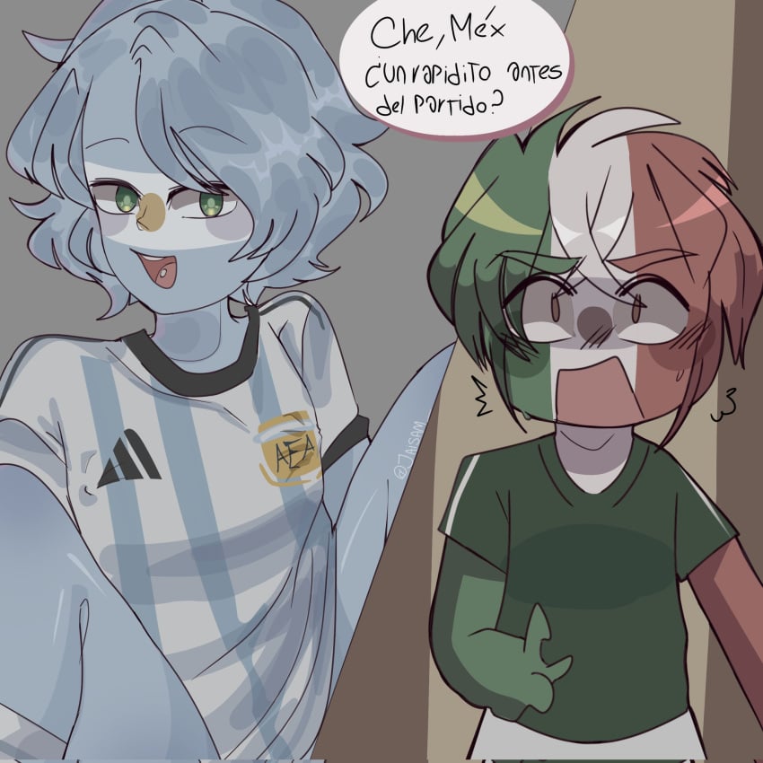 2022_fifa_world_cup 2boys adidas argentina_(countryhumans) clothing countryhumans fifa light_blue_hair male mexico_(countryhumans) multicolored_hair no_sex sami_(artist) sani short_hair spanish_text tagme_(artist) text three-tone_hair three_tone_hair translated tshirt world_cup