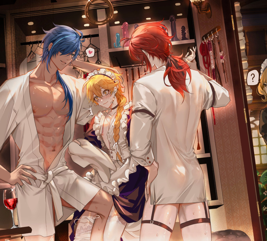 3boys abs aether_(genshin_impact) bathrobe blonde_hair blue_hair blush crossdressing diluc_(genshin_impact) femboy genshin_impact kaeya_(genshin_impact) knee_on_crotch maid_uniform male male/male male_only multiple_boys muscular muscular_male pnk_crow red_hair sweat tagme wine yaoi