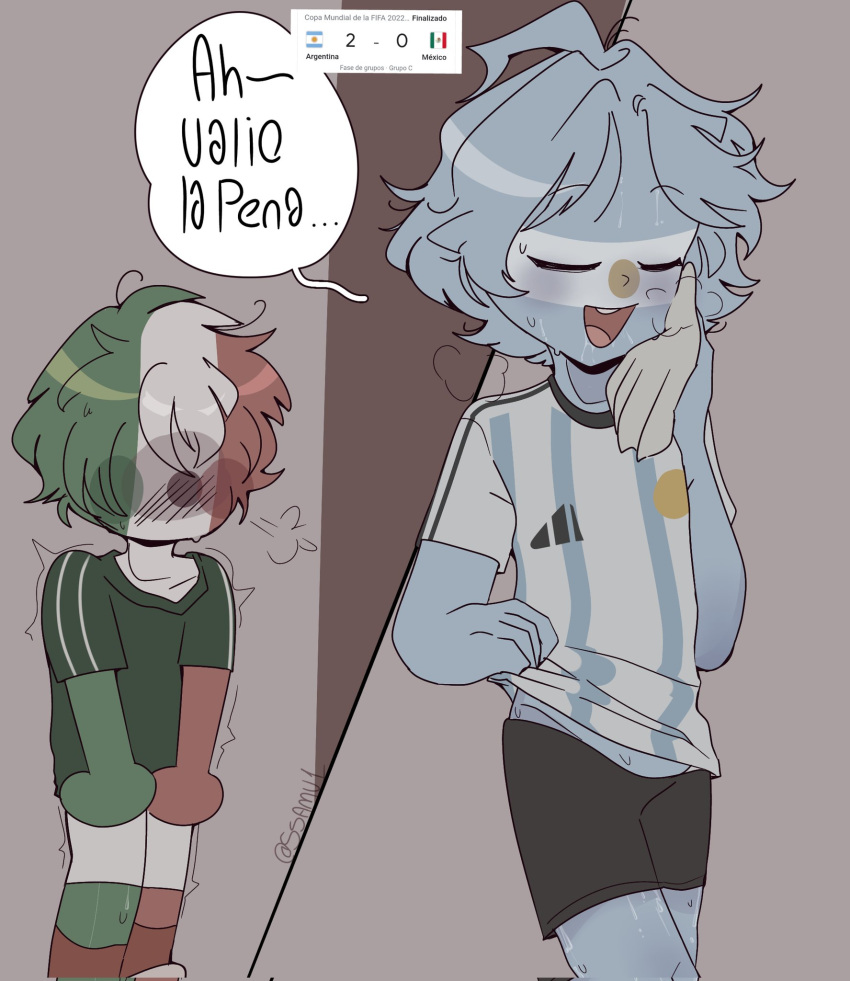 2022_fifa_world_cup 2boys adidas after_sex argentina_(countryhumans) clothing countryhumans fifa gay light_blue_hair male mexico_(countryhumans) sami_(artist) short_hair spanish_text tagme_(artist) text three_tone_hair translated tshirt world_cup yaoi