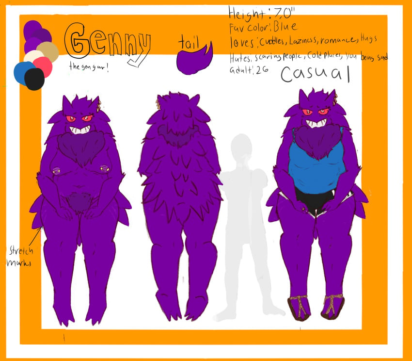 anthro border breasts chest_tuft discodemon english_text female genny_(discodemon) group hi_res model_sheet nintendo pokémon_(species) pokemon pokemon_(species) purple_body red_eyes slightly_chubby text trio tuft yellow_border