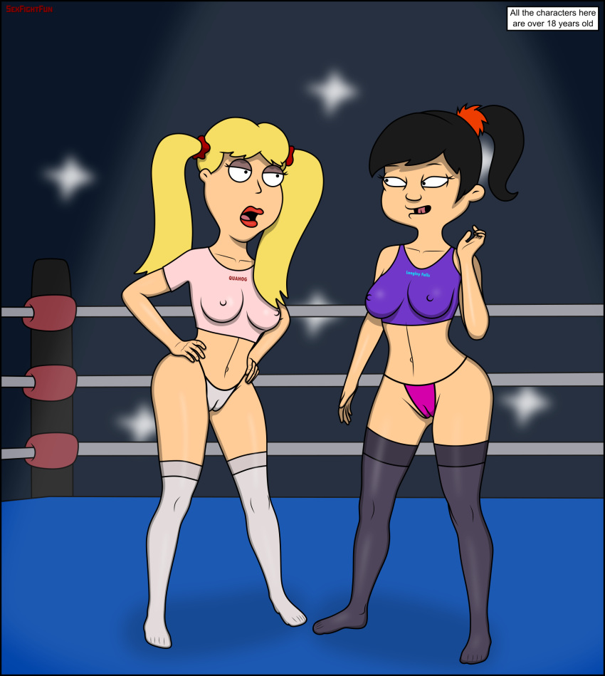 2girls aged_up akiko_yoshida american_dad angry_face arena asian asian_female between_labia blonde_hair boxing_ring cameltoe cindi_(family_guy) crossover erect_nipples family_guy female/female female_only innie_pussy japanese multiple_girls nipples_visible_through_clothing panties sexfight sexfightfun shirt stockings wrestling yuri