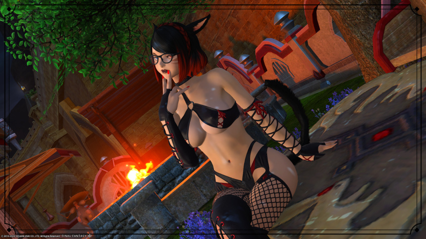 1girls avatar_(ff14) big_breasts black_hair blue_eyes cat_ears cat_tail catgirl female final_fantasy final_fantasy_xiv fire glasses gpose(ffxiv) megane miqo'te original_character red_eyes red_hair shaika_row