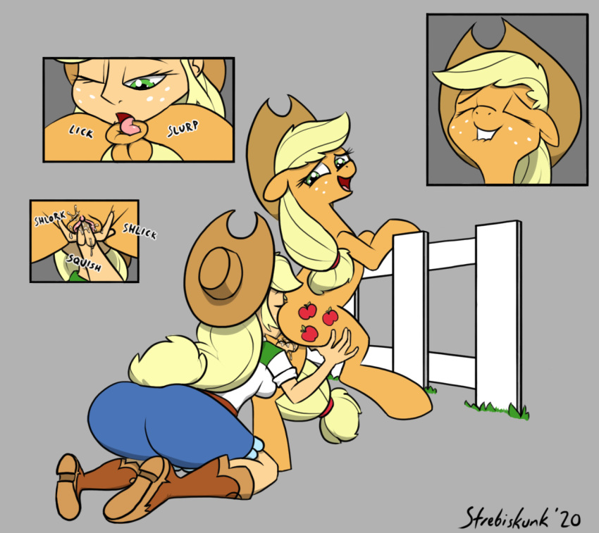 2020 anal anus applejack_(eg) applejack_(mlp) artist_name ass blonde_hair boots breasts clothed clothing cowboy_hat cutie_mark digital_drawing_(artwork) digital_media_(artwork) dock earth_pony equid equine equine_anus female fence feral fingering footwear freckles friendship_is_magic genitals green_eyes hair hasbro hat headgear headwear holding_both_legs horse human human_on_feral interspecies licking looking_back mammal my_little_pony oral orange_body pony puffy_anus pussy quadruped rimming sex square_crossover strebiskunk tail tan_body tan_skin tongue tongue_out yellow_tail zoophilia