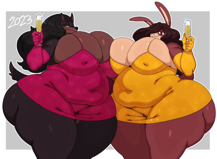 alcohol anthro arm_length_gloves armwear ass bedroom_eyes belly beverage big_belly big_breasts big_butt black_hair breast_squish breast_to_breast breasts breasts_frottage brown_body brown_ears brown_fur brown_hair brown_tail canid canine canis champagne champagne_glass cleavage cleavage_overflow clothed clothing doberman domestic_dog dress duo eyeshadow fat female fur glistening glistening_body glistening_breasts glistening_clothing glistening_dress glistening_fur glistening_thighs gloves hair handwear hi_res huge_breasts huge_butt huge_hips huge_thighs lagomorph laverne_(sssonic2) leporid makeup mammal mature_female muffin_top multicolored_body multicolored_fur narrowed_eyes navel_outline nipple_outline obese overweight overweight_female pinscher purple_eyeshadow rabbit red_clothing red_dress red_eyes seductive short_dress squish sssonic2 tail tan_body tan_ears tan_fur thick_thighs tight_clothing tight_dress two_tone_body two_tone_fur yellow_clothing yellow_dress yellow_eyes