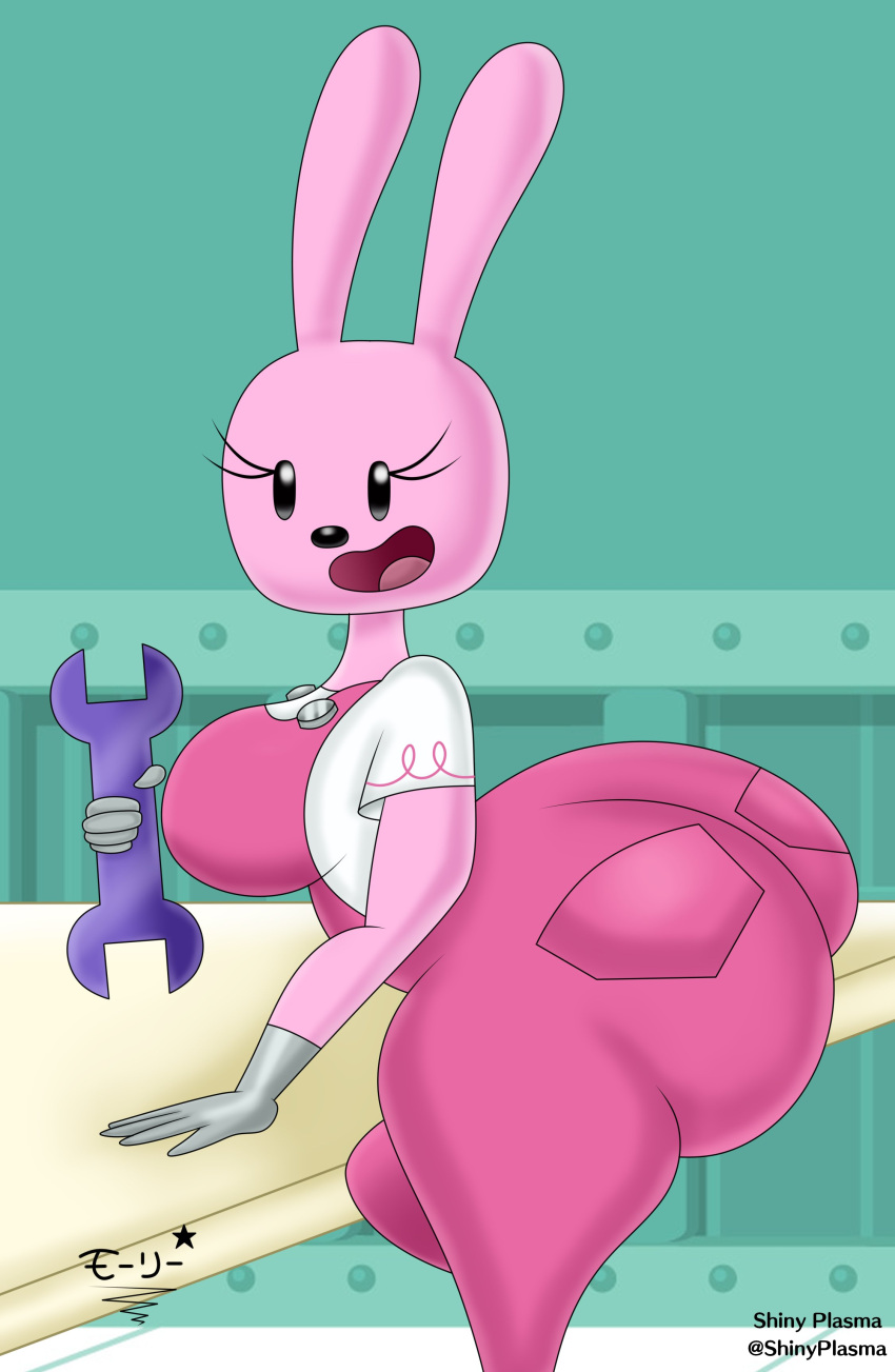 anthro big_breasts clothing fat_ass female female_only hi_res looking_at_viewer open_mouth pink_skin rabbit smile superstarplasma widget wow!_wow!_wubbzy! wrench