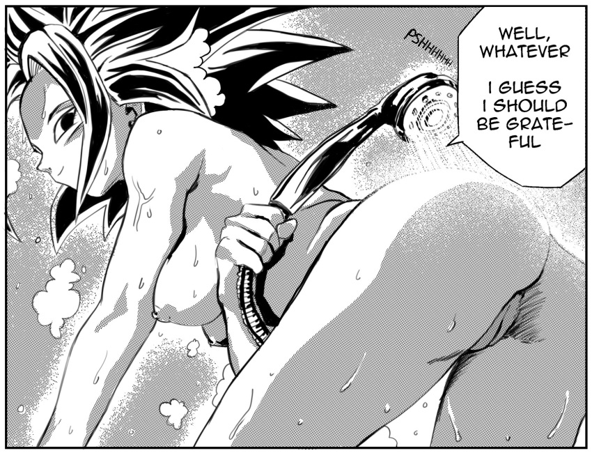 ass caulifla dragon_ball dragon_ball_super english_text female female_saiyan head-cha-la head_cha_la looking_at_viewer looking_back monochrome nude pussy shower shower_head showering spiky_hair steam tagme viewed_from_behind wet