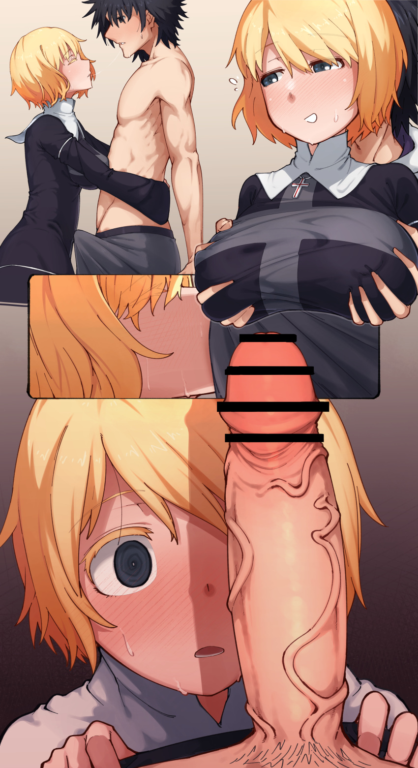 1boy absurdres after_kiss bar_censor black_eyes black_hair blonde_hair blue_eyes blush breast_grab breasts bulge censored cross cute erection erection_under_clothes female grabbing grabbing_from_behind grabbing_own_breast handjob highres imminent_oral irokohaku kamijou_touma large_breasts large_penis looking_at_penis looking_at_viewer male_pubic_hair nun open_mouth oral orsola_aquinas penis penis_awe penis_on_face penis_over_one_eye penis_shadow pubic_hair short_hair smelling smelling_penis smile straight sweatdrop teenager testicles to_aru_majutsu_no_index veins veiny_penis wide-eyed