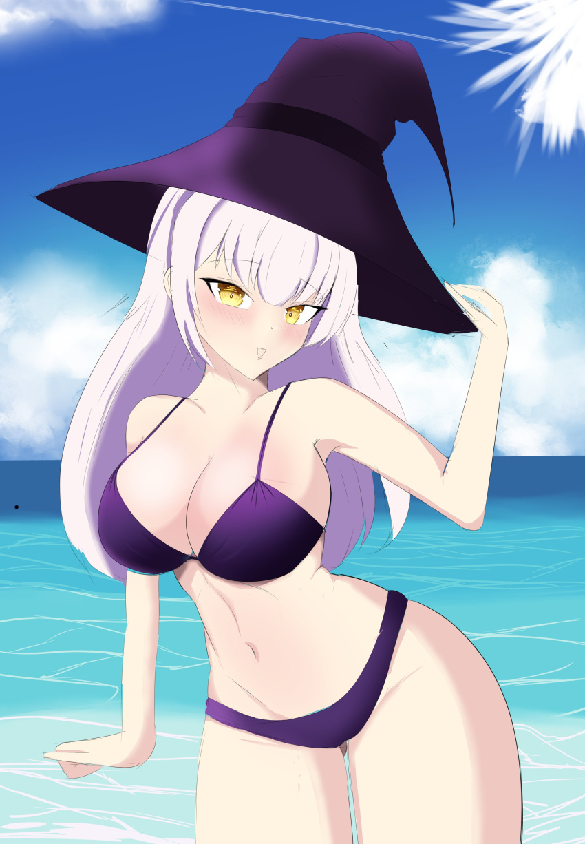 bikini dianne_(vtuber) female purple_hair tummy virtual_youtuber witch_hat yakuni yellow_eyes