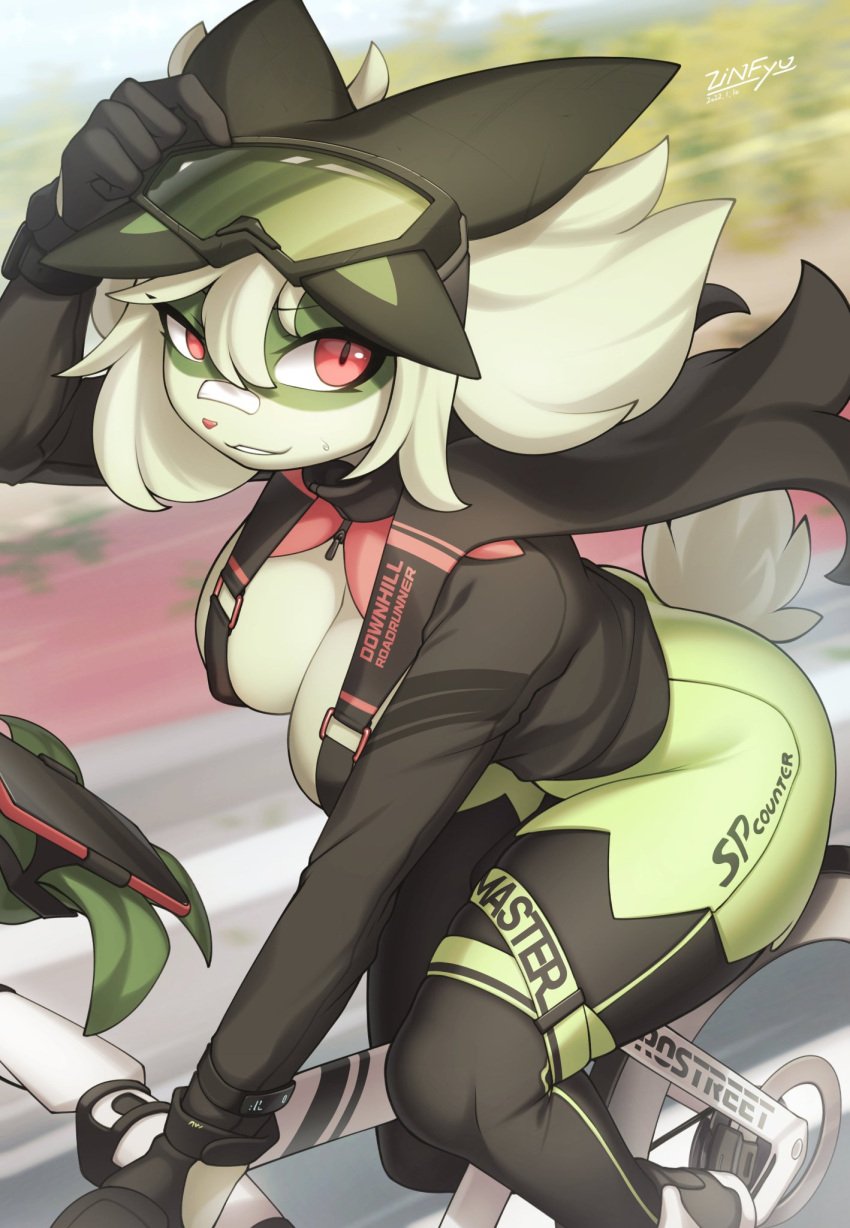 1girls anthro big_breasts bike cat_humanoid catgirl feline furry game_freak goggles goggles_on_head green_fur mask maskless_meowscarada meowscarada nintendo nipple_bulge nipples_visible_through_clothing pokémon_(species) pokemon pokemon_sv red_eyes tail tail_tuft zinfyu