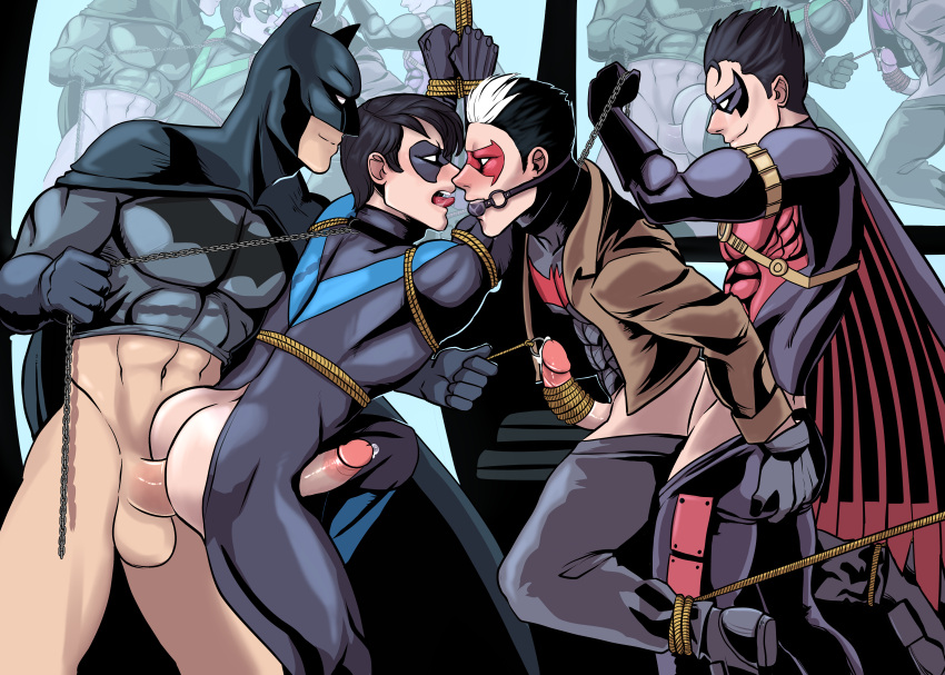 4boys balls batcest batman batman_(series) bruce_wayne creedo dc dc_comics dick_grayson eye_mask foursome gay gay_sex jason_todd male male_focus male_only mask masked muscular muscular_male nightwing penis quartet red_hood_(dc) red_robin tagme tim_drake