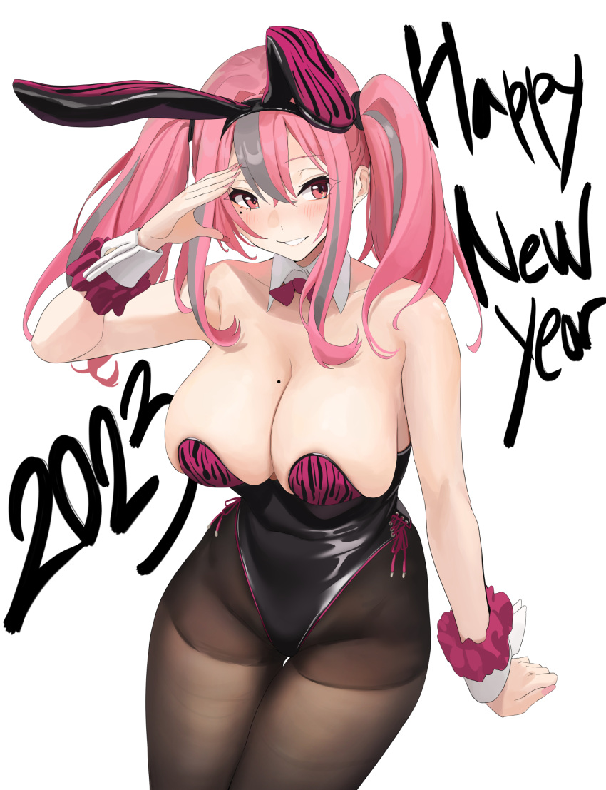 2023 alternate_costume animal_ears azur_lane bangs bare_arms bare_shoulders black_hairband black_leotard black_pantyhose blush bow bowtie breasts bremerton_(azur_lane) bunny_ears chela77 cleavage detached_collar english_text fake_animal_ears female grey_hair hairband hand_up happy_new_year highres huge_breasts leotard long_hair looking_at_viewer mole mole_on_breast mole_under_eye multicolored_hair nail_polish pantyhose parted_lips pink_eyes pink_hair pink_nails playboy_bunny purple_bow purple_bowtie smile solo streaked_hair thighs twintails white_background wrist_cuffs