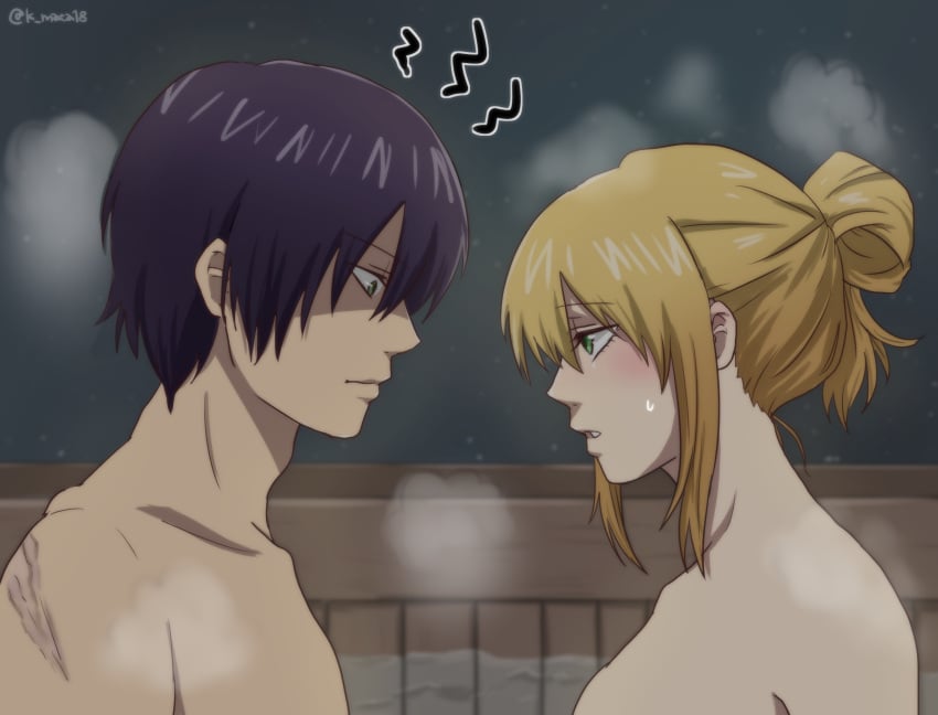 1boy 1girls annoyed bath bathing benibear blonde_hair blush female gintama hair_bun kijima_matako looking_at_another male nervous nude profile purple_hair scar shaded_face steam sweatdrop takasugi_shinsuke tied_hair upper_body