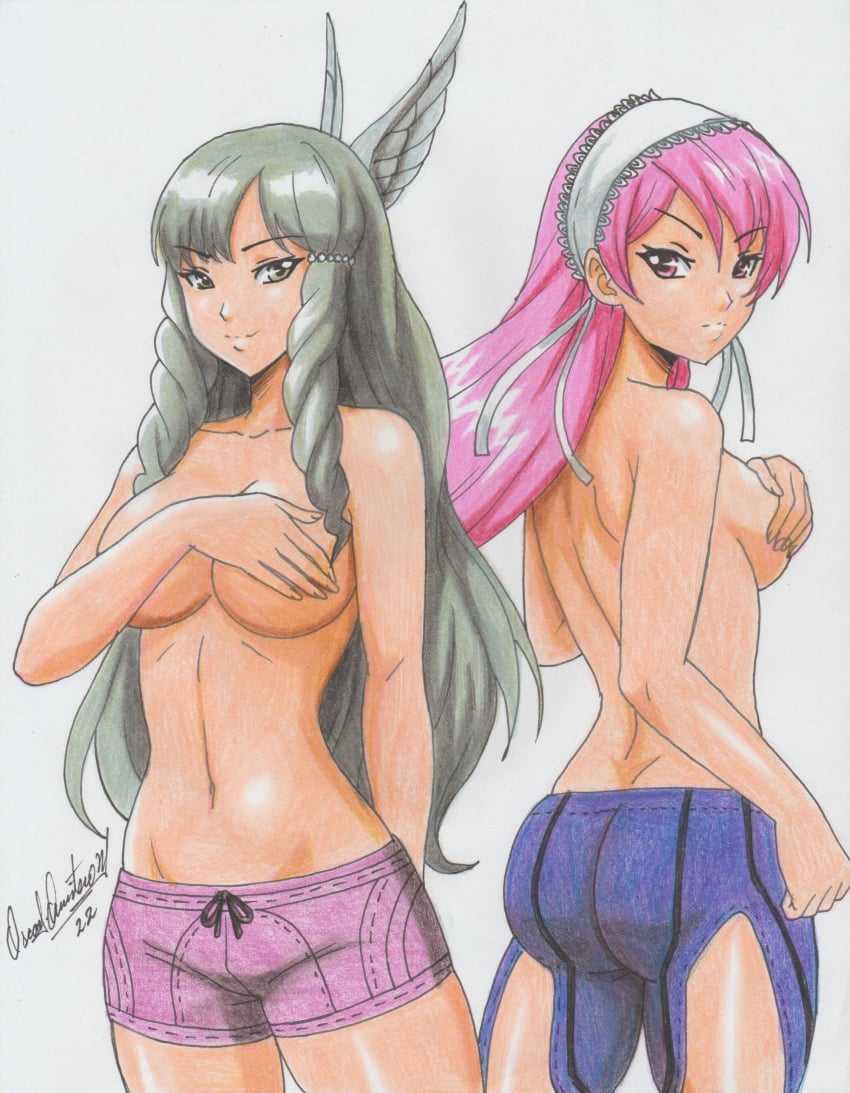 2girls ass back back_view bare_back bare_thighs big_ass breasts cherche_(fire_emblem) covering covering_breasts female female_only fire_emblem fire_emblem_awakening grey_eyes grey_hair long_hair looking_at_viewer looking_back medium_breasts multiple_girls nintendo pink_eyes pink_hair ravern_clouk ravernclouk shorts sumia_(fire_emblem) thighs topless very_long_hair