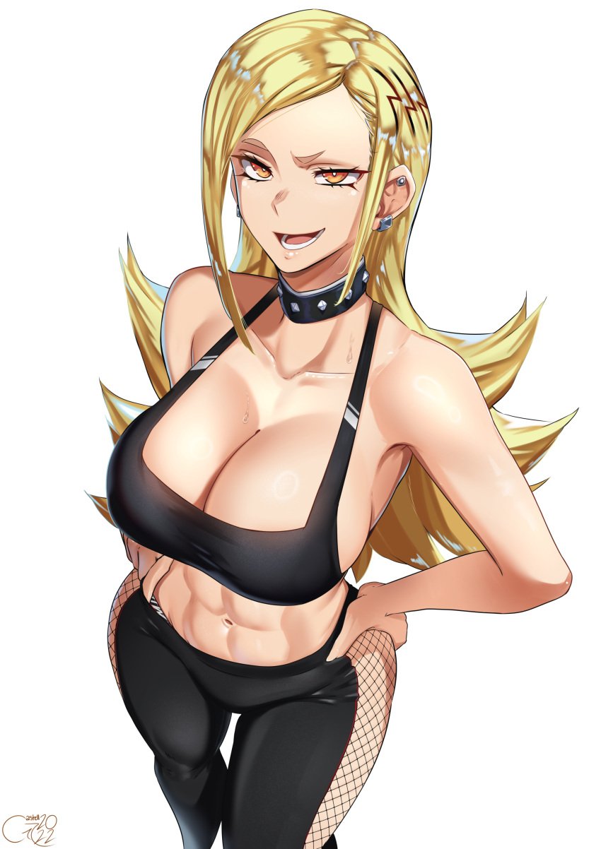 abs alternative_costume bangs bare_arms bare_shoulders black_pants black_shirt black_tank_top blonde_hair blush bra breasts brown_eyes castell choker clavicle cleavage clothing collar ear_piercing earrings female fishnet_legwear fishnets hands_on_hips high_resolution jewelry kamiunten_mira large_breasts long_hair looking_at_viewer mato_seihei_no_slave midriff muscle navel open-mouth_smile open_mouth pants pantsu panty_peek parted_bangs piercing raised_eyebrow shirt sideboob simple_background smile solo spiked_collar spikes sports_bra sweat tank_top tight tight_pants toned underwear very_high_resolution very_long_hair white_background yellow_eyes