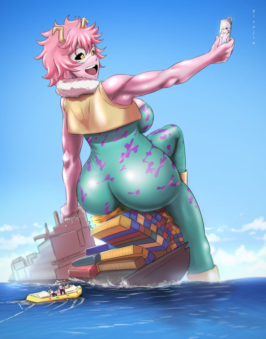 cargo_ship destruction giantess hero_outfit_(mha) horns huge_ass macro mina_ashido my_hero_academia picojin pink_hair pink_skin selfie size_play