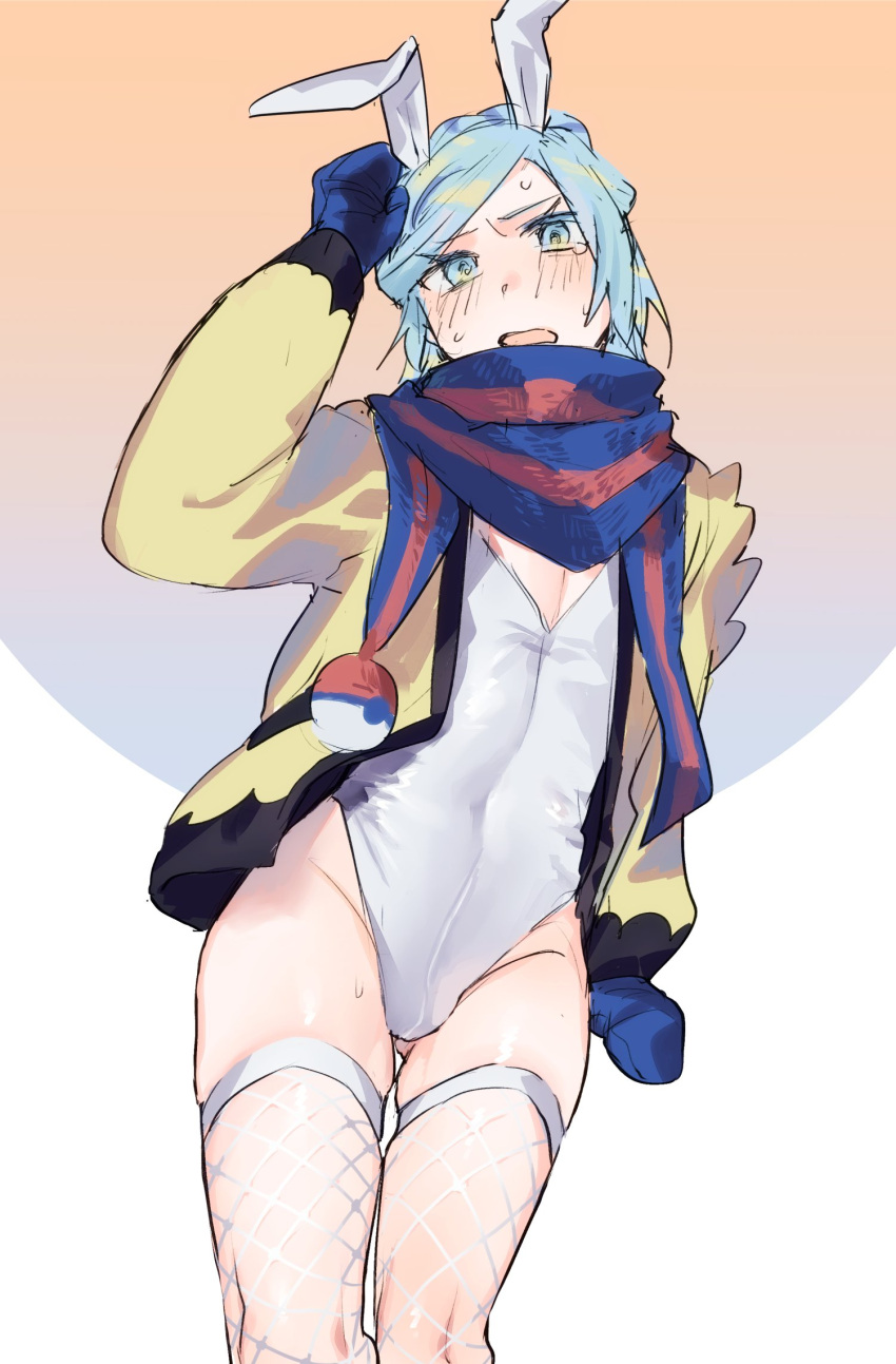 1boy blue_eyes blue_hair blush femboy fishnet_stockings gloves grusha_(pokemon) legwear leotard long_hair male male_only moegi0926 nintendo pokemon pokemon_(game) pokemon_sv scarf solo thick_thighs thighs