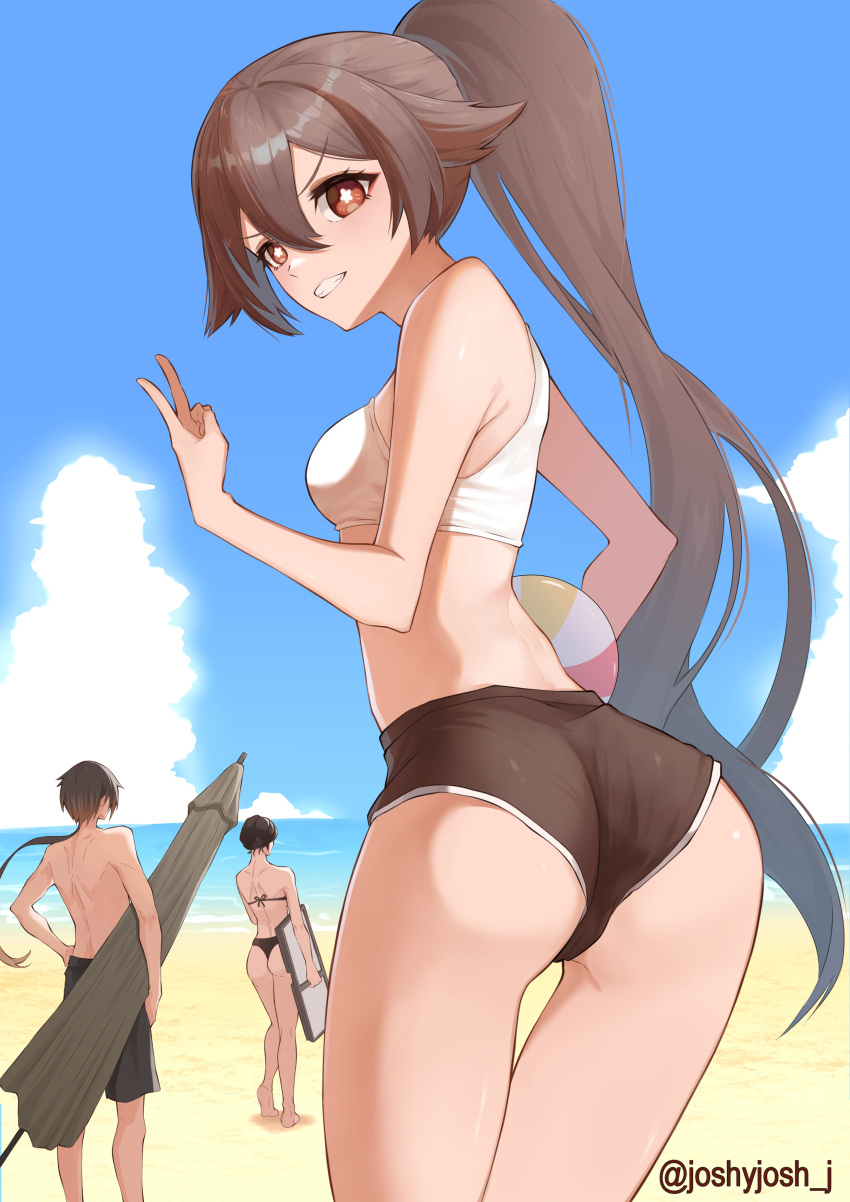 1boy 2girls absurdres ass ass_focus ass_visible_through_thighs ball beach beachball blue_sky breasts female genshin_impact highres hu_tao_(genshin_impact) joshyjoshj looking_at_viewer non-web_source ponytail shorts sky smile thigh_gap thighs v zhongli_(genshin_impact)