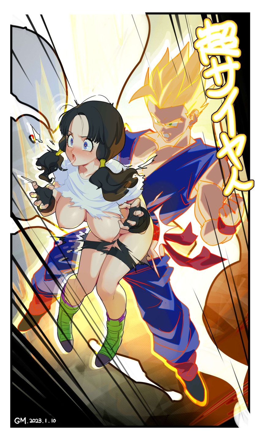 1boy absurdres bangs bare_shoulders black_gloves black_hair blonde_hair blue_eyes blue_shirt blush border breasts clenched_teeth collarbone dated dragon_ball female fingerless_gloves gloves gorgeous_mushroom hair_up hands_up heart highres large_breasts long_hair muscular muscular_male nipples open_mouth saliva sex shirt shoes short_hair shorts son_gohan straight super_saiyan teeth torn_clothes torn_shirt torn_shorts translation_request videl white_border white_shirt