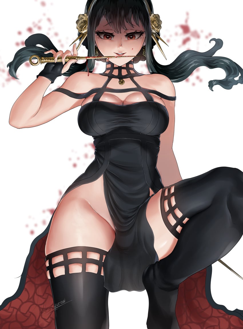 1girls assassin black_hair blood body breasts clothed_female clothes clothing dazonart female hd legs long_hair red_eyes smile smiley_face socks socks_only spy_x_family stiletto_(weapon) tagme thigh_boots thighs thorn_princess white_body white_skin yor_briar yor_forger