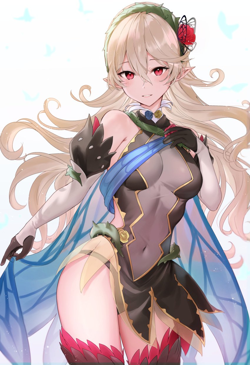 1girls alternate_costume bangs bare_shoulders bare_thighs black_dress black_gloves black_panties blush breasts commentary corrin_(female)_(fire_emblem) corrin_(female)_(resplendent)_(fire_emblem) corrin_(fire_emblem) corrin_(fire_emblem)_(female) covered_navel detached_sleeves dress fairy_wings fake_wings female female_only fire_emblem fire_emblem_fates fire_emblem_heroes flower gloves green_hairband grey_hair grey_sleeves grin hair_between_eyes hairband haru_(nakajou-28) highres long_hair looking_at_viewer medium_breasts nintendo official_alternate_costume panties pointy_ears red_eyes red_flower red_rose rose see-through smile solo thighhighs thighs thorns underwear very_long_hair wavy_hair white_background wings