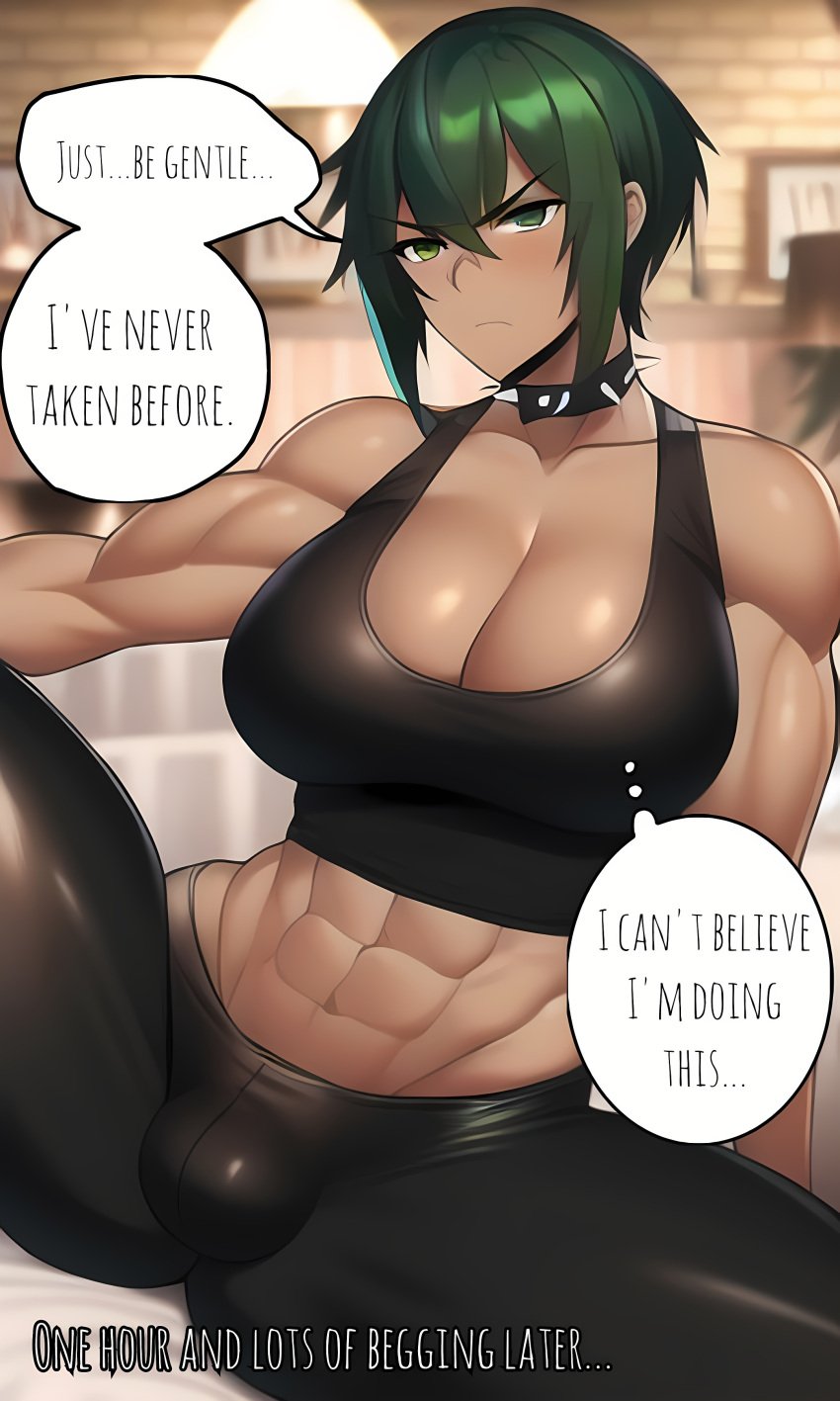 1futa abs ai_generated bar black_clothing breasts buff bulge bulge_through_clothing choker collar confused dom_to_sub embarrassed eyes futanari futasub green hair hesitant large_breasts larger_futanari mommy_kink morgan_(xdk141) muscular novelai penis pov punk spiked_collar spread_legs thick_thighs xdk141