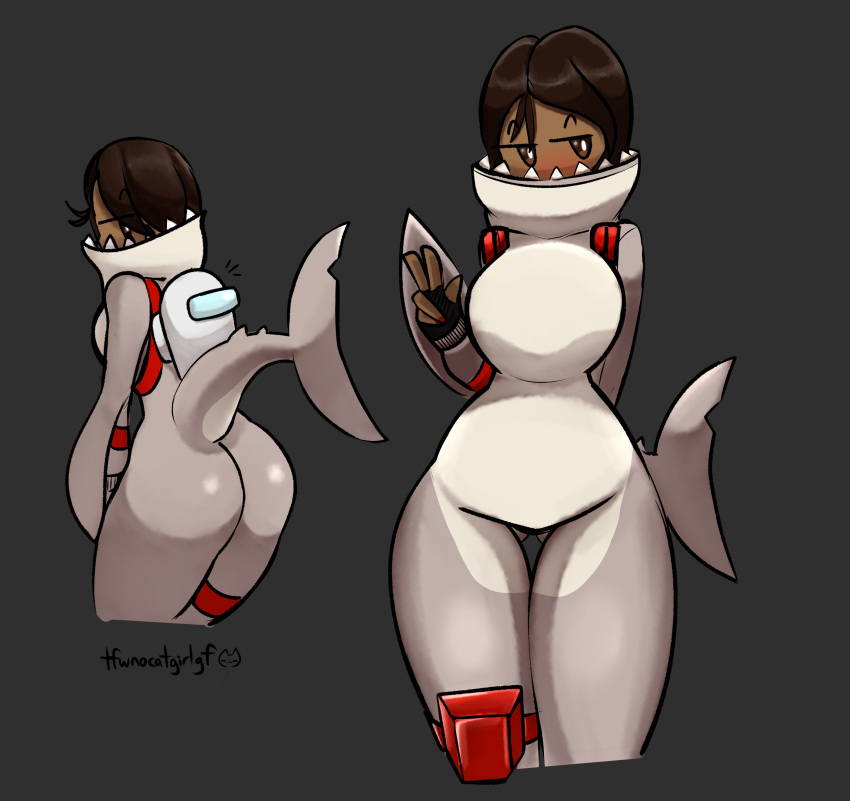 1girls ass backpack big_breasts blush brown_eyes brown_hair butt_fang cartoony cozy_chomps crewmate_(among_us) curvy dark-skinned_female female fingerless_gloves shark_costume shark_tail tagme tfwnocatgirlgf