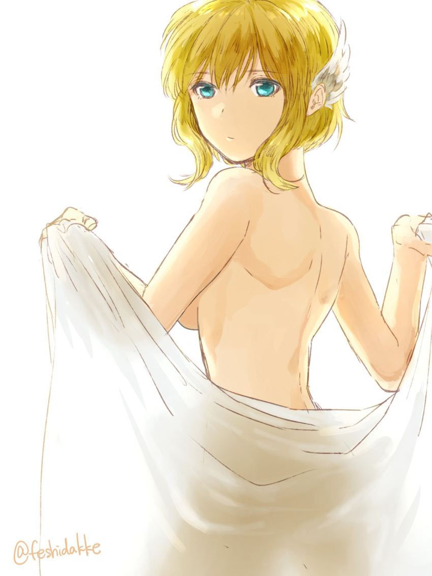 1girls blonde_hair blue_eyes edit exposed_back exposed_shoulders feshidakke fire_emblem fire_emblem:_genealogy_of_the_holy_war fire_emblem:_thracia_776 hair_ornament nanna_(fire_emblem) nintendo nude_female short_hair towel towel_drop towel_only undressing