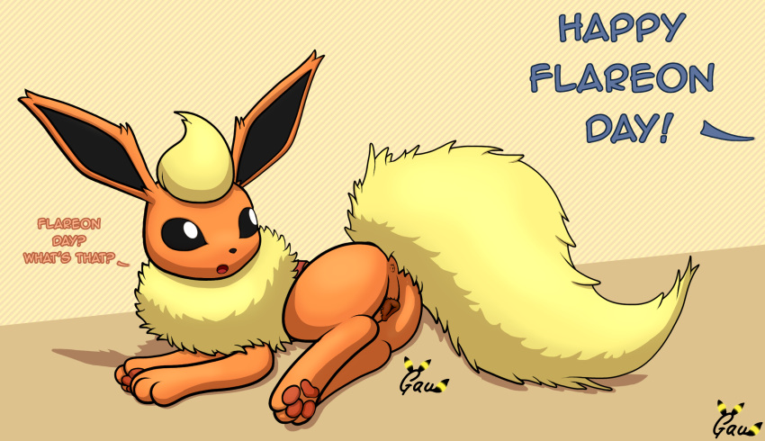 animal_genitalia animal_pussy anus canid canine canine_pussy everstone_guild female feral fluffy gau_(artist) genitals hi_res mammal nintendo nude pokémon_(species) pokemon pokemon_mystery_dungeon pussy simple_background solo text tongue zeal_(flareon)