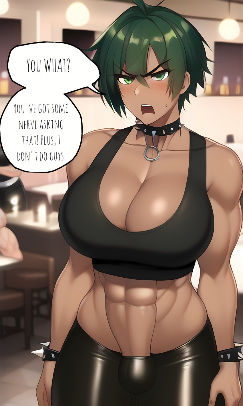 1futa abs ai_generated angry bar black_clothing breasts buff bulge bulge_through_clothing choker collar dom_to_sub eyes futanari futasub green hair large_breasts larger_futanari mommy_kink morgan_(xdk141) muscular novelai penis pov punk spiked_collar tagme thick_thighs xdk141