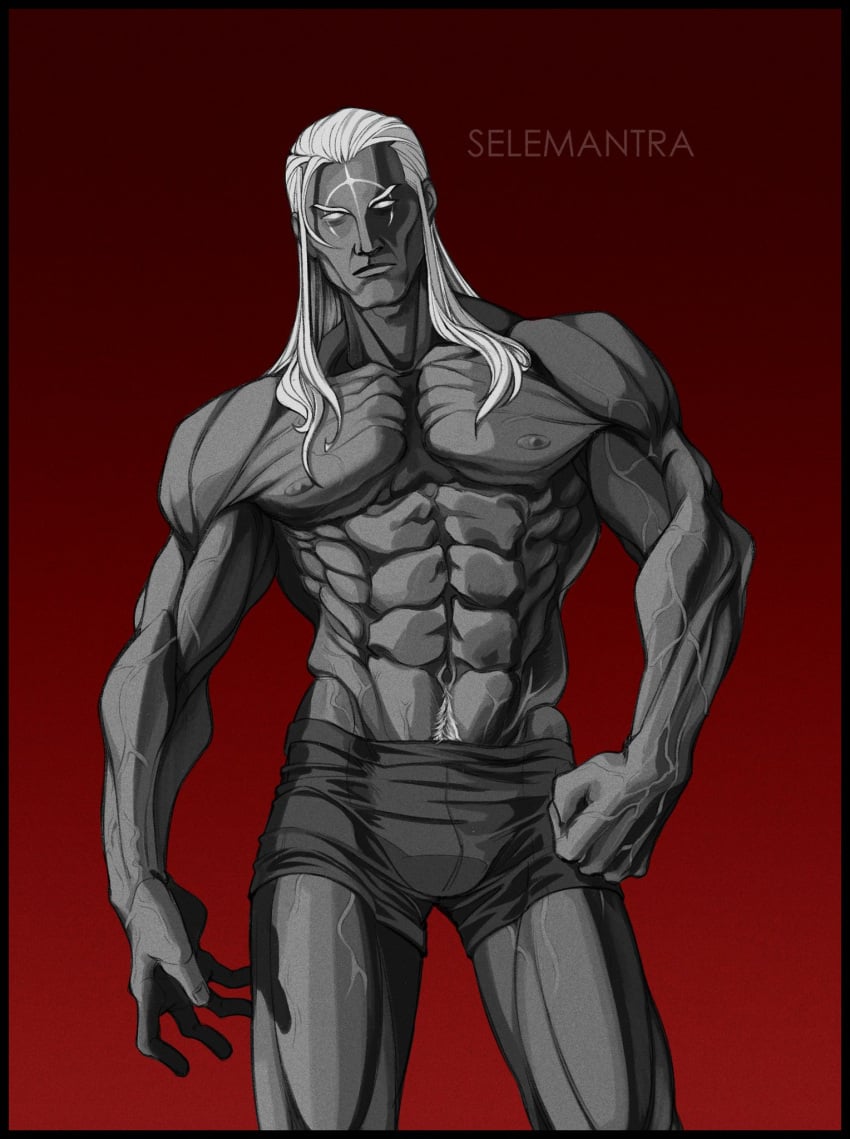 1boy abs biceps darksiders darksiders_2 darksiders_genesis dick_root facing_viewer fit fit_male front_view looking_at_viewer male male_only markings masculine mostly_nude muscles muscular muscular_arms muscular_legs muscular_male muscular_thighs nude_male partially_clothed pubic_hair red_background selemantra(artist) simple_background tagme tagme_(artist) tattoo tattoos triceps underwear war_(darksiders) white_hair