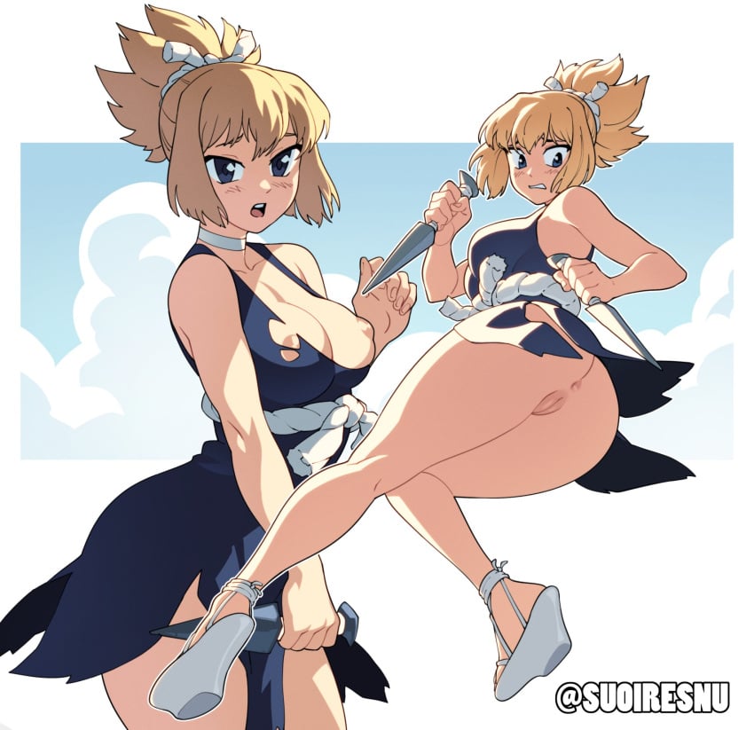 1girls anus ass big_breasts blonde_hair blue_eyes breasts dr.stone eye_contact female female_only good_artwork kohaku_(dr.stone) light-skinned_female light_skin looking_at_viewer no_panties pussy solo suoiresnu thick_thighs vhfd white_background