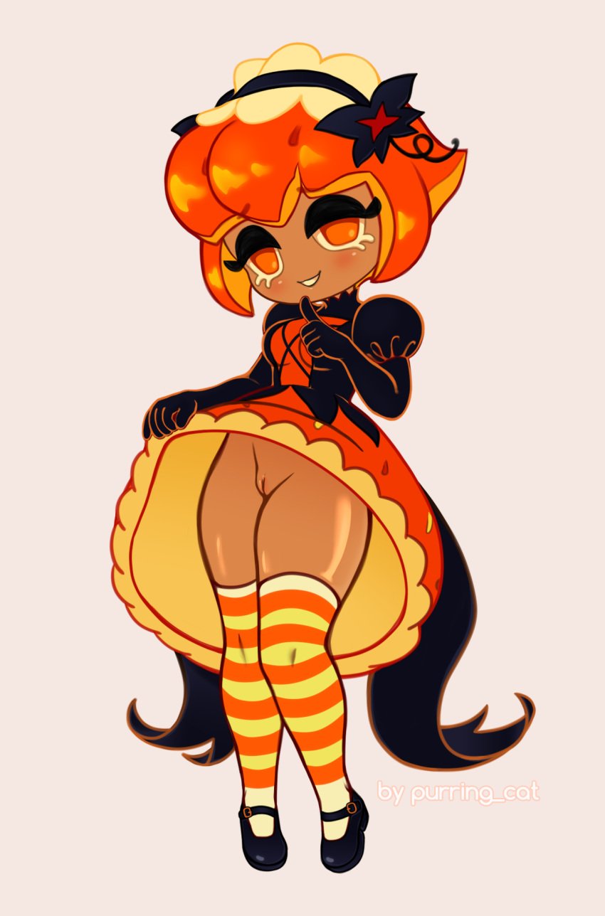 chibi cookie cookie_run cookie_run_kingdom female food genitals hi_res human humanoid lolita_(fashion) mammal pumpkin_pie_cookie purring_cat pussy solo