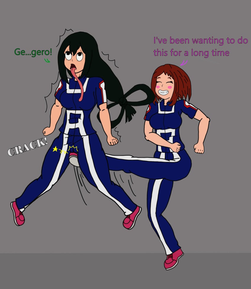 2girls blue_clothing brown_hair closed_eyes cuntbusting eyes_looking_up female female_only green_hair kick kicking long_tongue mswedgie123 my_hero_academia ochako_uraraka sports_uniform tongue_out tsuyu_asui