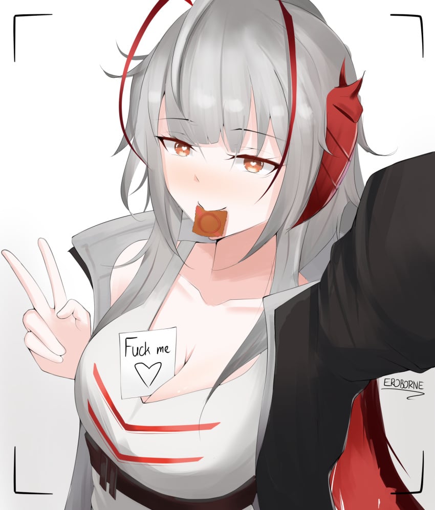 arknights breasts cleavage condom_in_mouth doctor_(arknights) eroborne fuck_me_(text) looking_at_viewer peace_sign photo tagme w_(arknights) white_hair