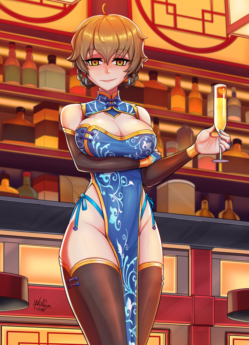 1girls ahoge amane_suzuha artist_signature bar bimbo blue_dress blue_panties braided_hair breasts brown_eyes brown_hair busty champagne_glass cheongsam china_dress cleavage cropped detached_sleeves detailed_background elegant elegant_dress fancy_clothing female female_focus female_only fit_female highleg_panties holding_glass hourglass_figure large_breasts looking_at_viewer qipao short_hair side-tie_panties slim_waist smirk solo steins;gate steins;gate_0 stockings teenage_girl teenager thick_thighs thighhighs twin_braids voluptuous wide_hips wolfenhood