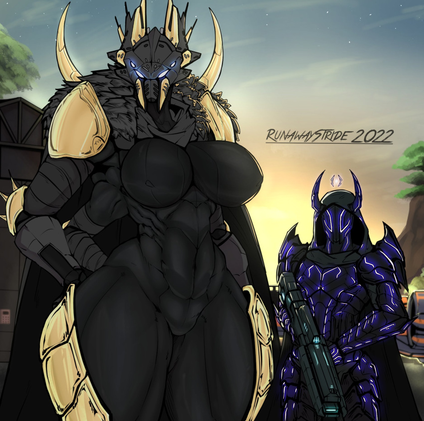 1boy 1girls 2022 2d 2d_(artwork) 4_arms 4_eyes abs armor armored_female athletic athletic_female big_breasts big_thighs black_body black_bodysuit breasts bungie busty cape cleavage clothed clothed_female clothed_male clothing destiny_(game) eliksni female fit fit_female fur_cape glowing_eyes guardian_(destiny) gun helmet hi_res highres holding_gun horns hourglass_figure huge_breasts huge_thighs hunter_(destiny) large_breasts large_thighs looking_at_viewer male massive_thighs midriff multi_eye muscular muscular_anthro muscular_female muscular_legs muscular_thighs navel nipple_bulge outside pauldrons runawaystride taller_female taller_girl thick_thighs thigh_armor thigh_gap thighs voluptuous